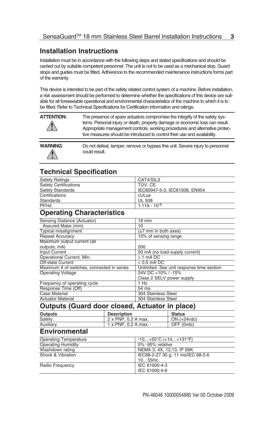 Installation instructions, Technical specification, Operating characteristics | Outputs (guard door closed, actuator in place), Environmental, Sensaguard | Rockwell Automation 440N SensaGuard 18 mm Stainless Steel Barrel Unique Coded Installation Instructions User Manual | Page 3 / 14