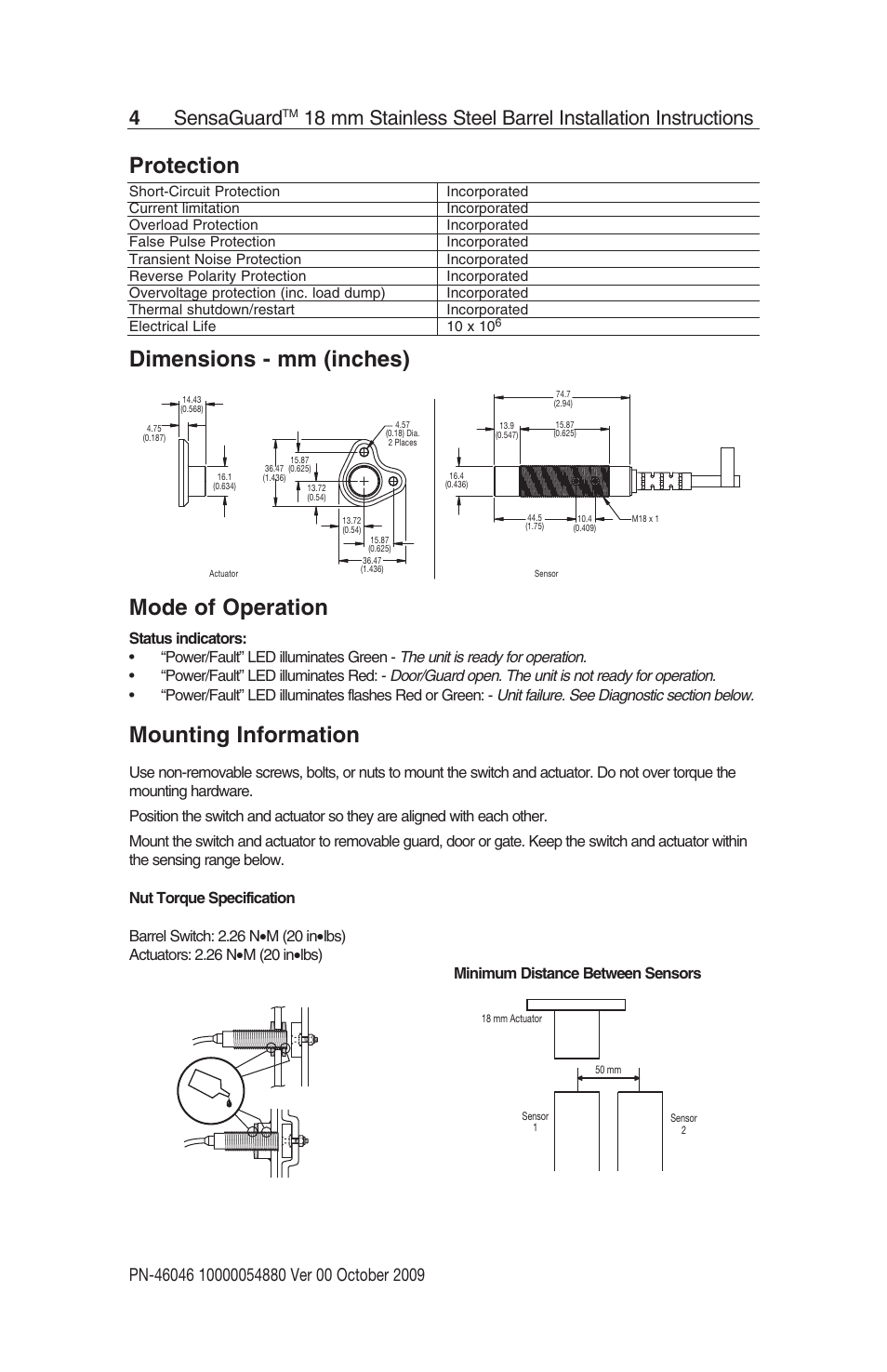 Protection, Dimensions - mm (inches) mode of operation, Mounting information | 4sensaguard | Rockwell Automation 440N SensaGuard 18 mm Stainless Steel Barrel Unique Coded Installation Instructions User Manual | Page 4 / 14