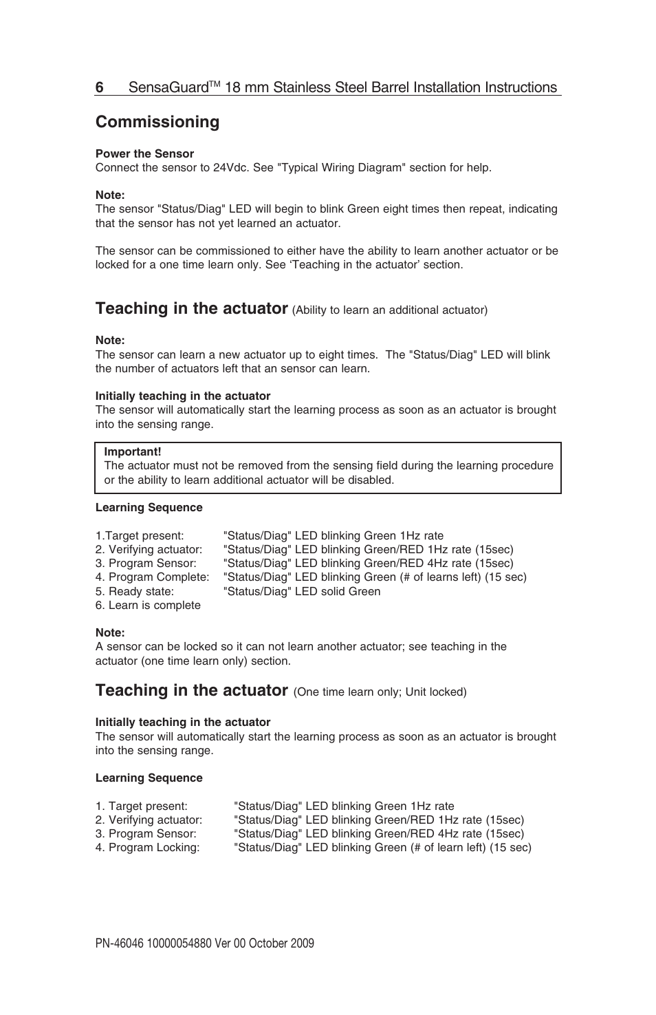 Commissioning, Teaching in the actuator, 6sensaguard | Rockwell Automation 440N SensaGuard 18 mm Stainless Steel Barrel Unique Coded Installation Instructions User Manual | Page 6 / 14