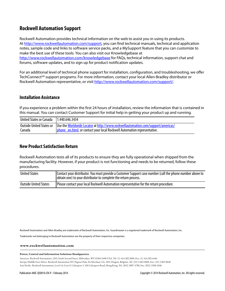 Rockwell automation support, Installation assistance, New product satisfaction return | Rockwell Automation 440C-CR30-22BBB Guardmaster Software Configurable Safety Relay Quick Start Guide User Manual | Page 34 / 34