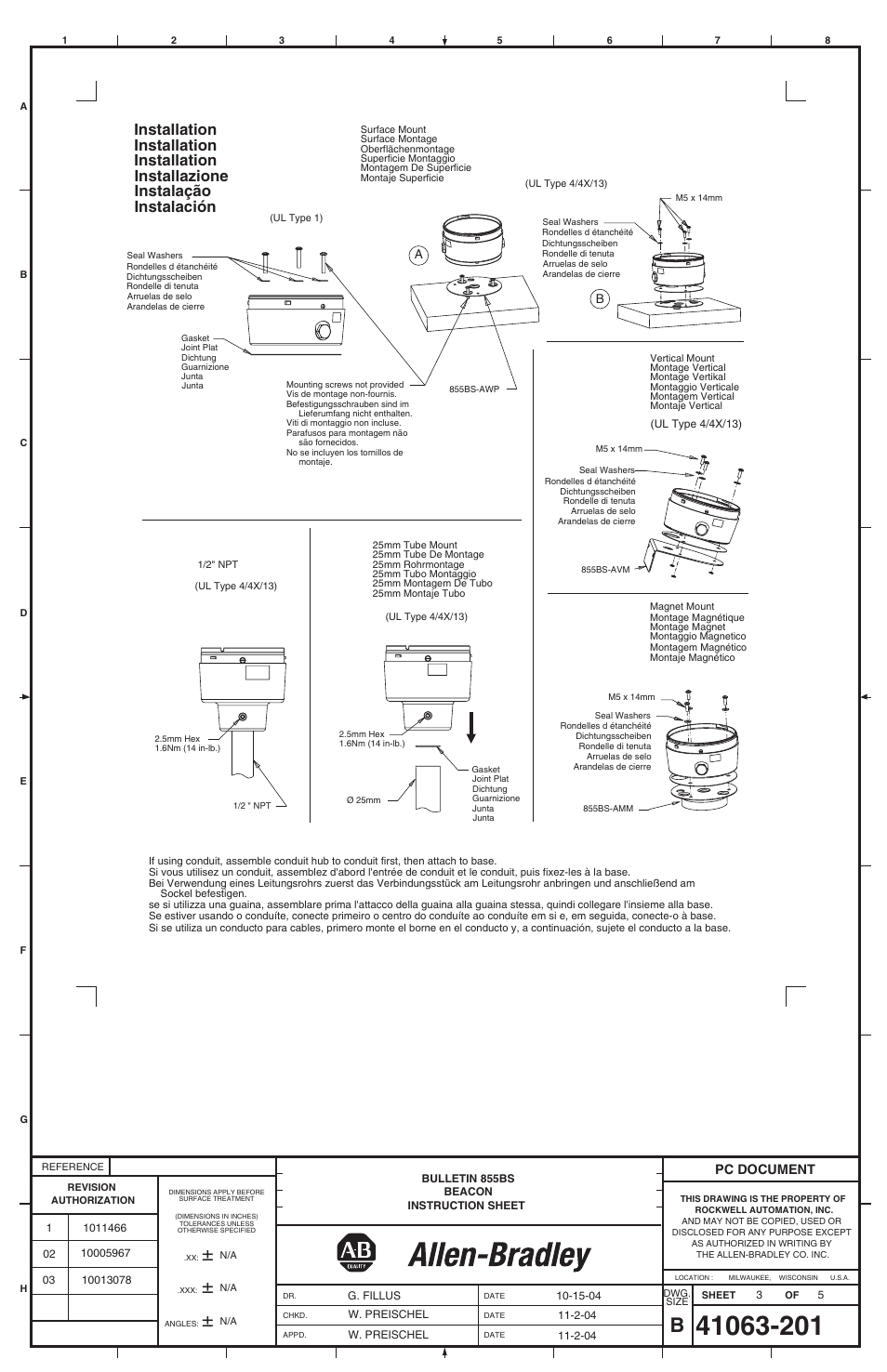 Installation, Installation installazione instalação instalación, Pc document | Rockwell Automation 855BS Industrial Beacon User Manual | Page 3 / 4