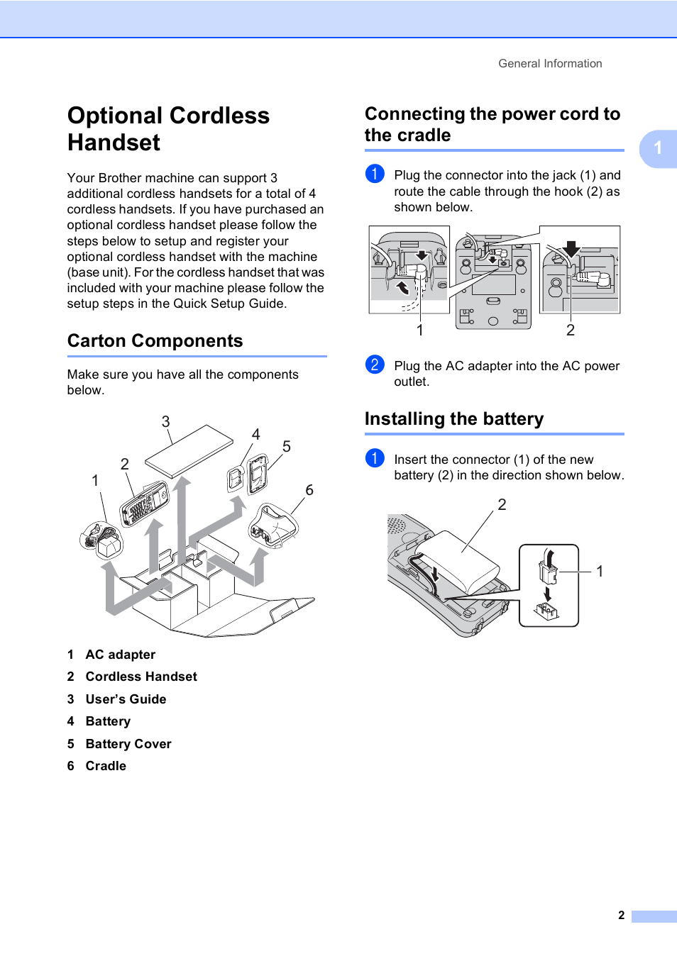 Optional cordless handset, Carton components, Connecting the power cord to the cradle | Installing the battery | Brother BCL-D10 User Manual | Page 13 / 43