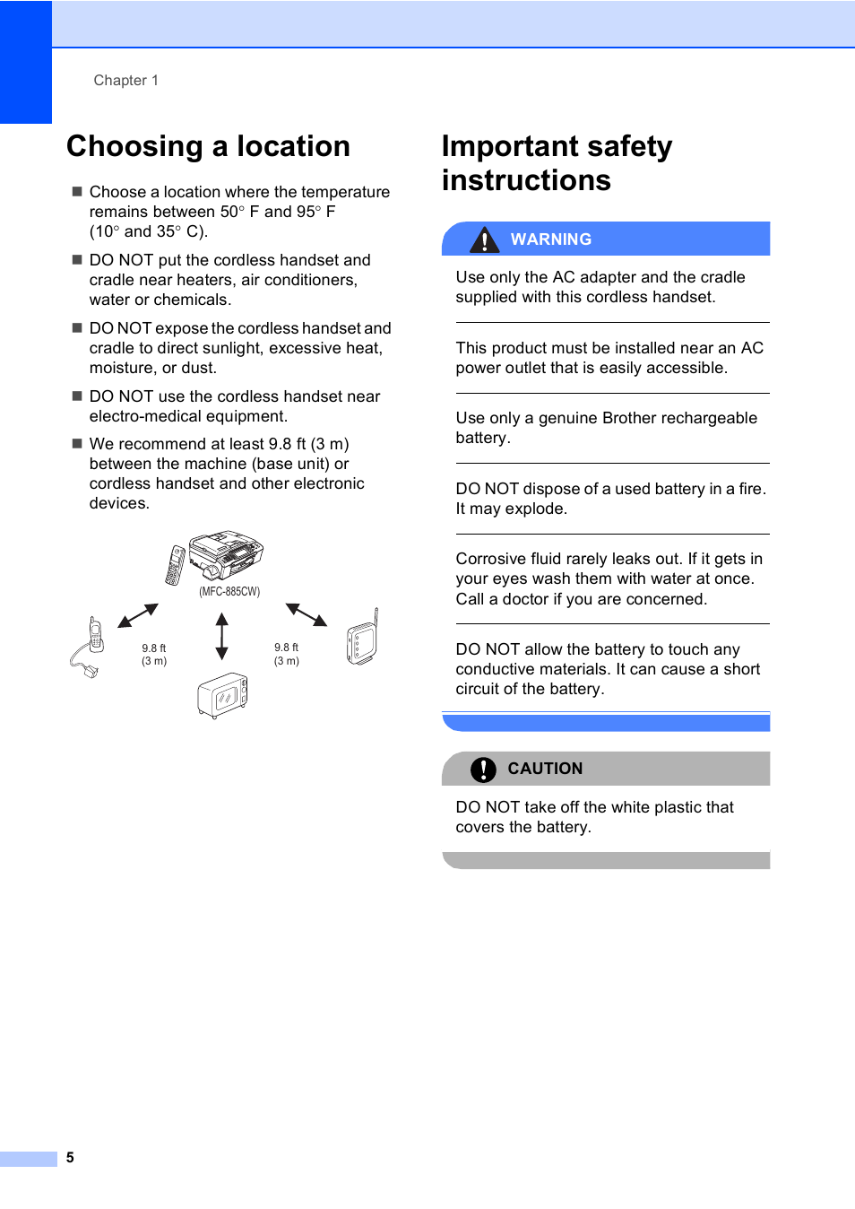 Choosing a location, Important safety instructions, Choosing a location important safety instructions | Warning, Use only a genuine brother rechargeable battery, Caution | Brother BCL-D10 User Manual | Page 16 / 43