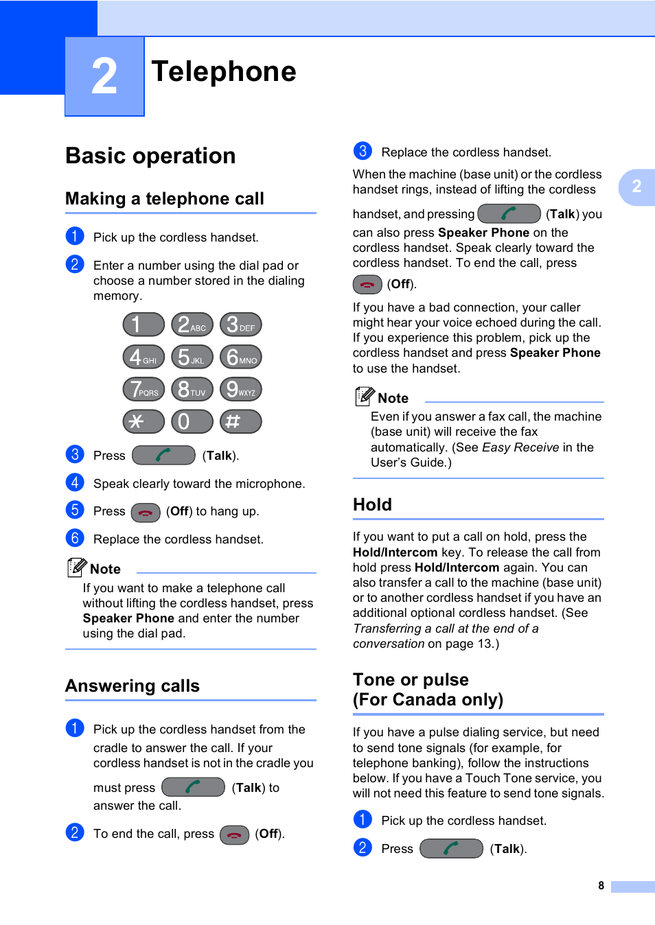 2 telephone, Basic operation, Making a telephone call | Answering calls, Hold, Tone or pulse (for canada only), Telephone | Brother BCL-D10 User Manual | Page 19 / 43