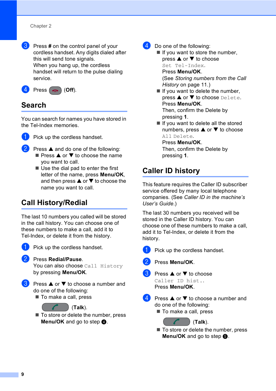 Search, Call history/redial, Caller id history | Search call history/redial caller id history | Brother BCL-D10 User Manual | Page 20 / 43