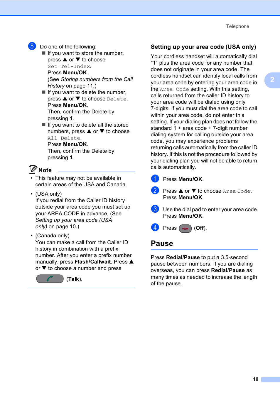 Setting up your area code (usa only), Pause | Brother BCL-D10 User Manual | Page 21 / 43