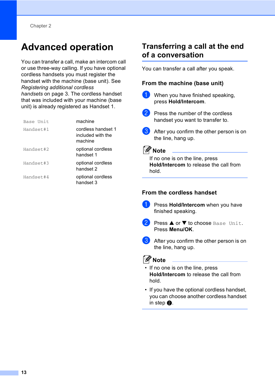 Advanced operation, Transferring a call at the end of a conversation, From the machine (base unit) | From the cordless handset | Brother BCL-D10 User Manual | Page 24 / 43