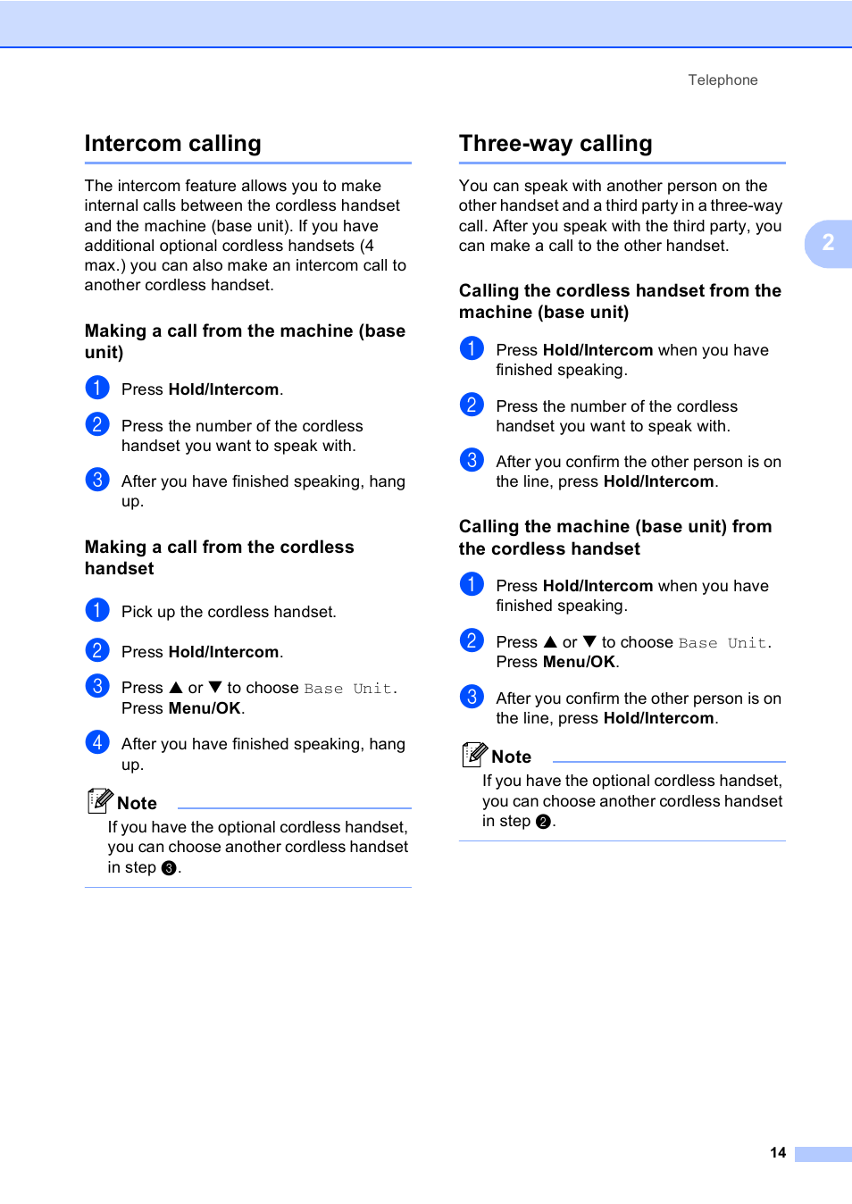 Intercom calling, Making a call from the machine (base unit), Making a call from the cordless handset | Three-way calling, Intercom calling three-way calling, 2intercom calling | Brother BCL-D10 User Manual | Page 25 / 43