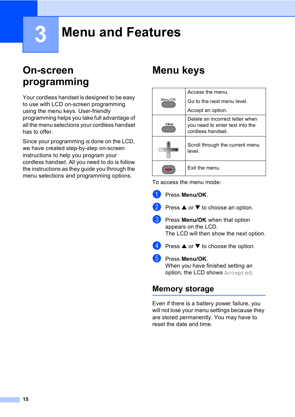 3 menu and features, On-screen programming, Menu keys | Memory storage, Menu and features, On-screen programming menu keys | Brother BCL-D10 User Manual | Page 26 / 43