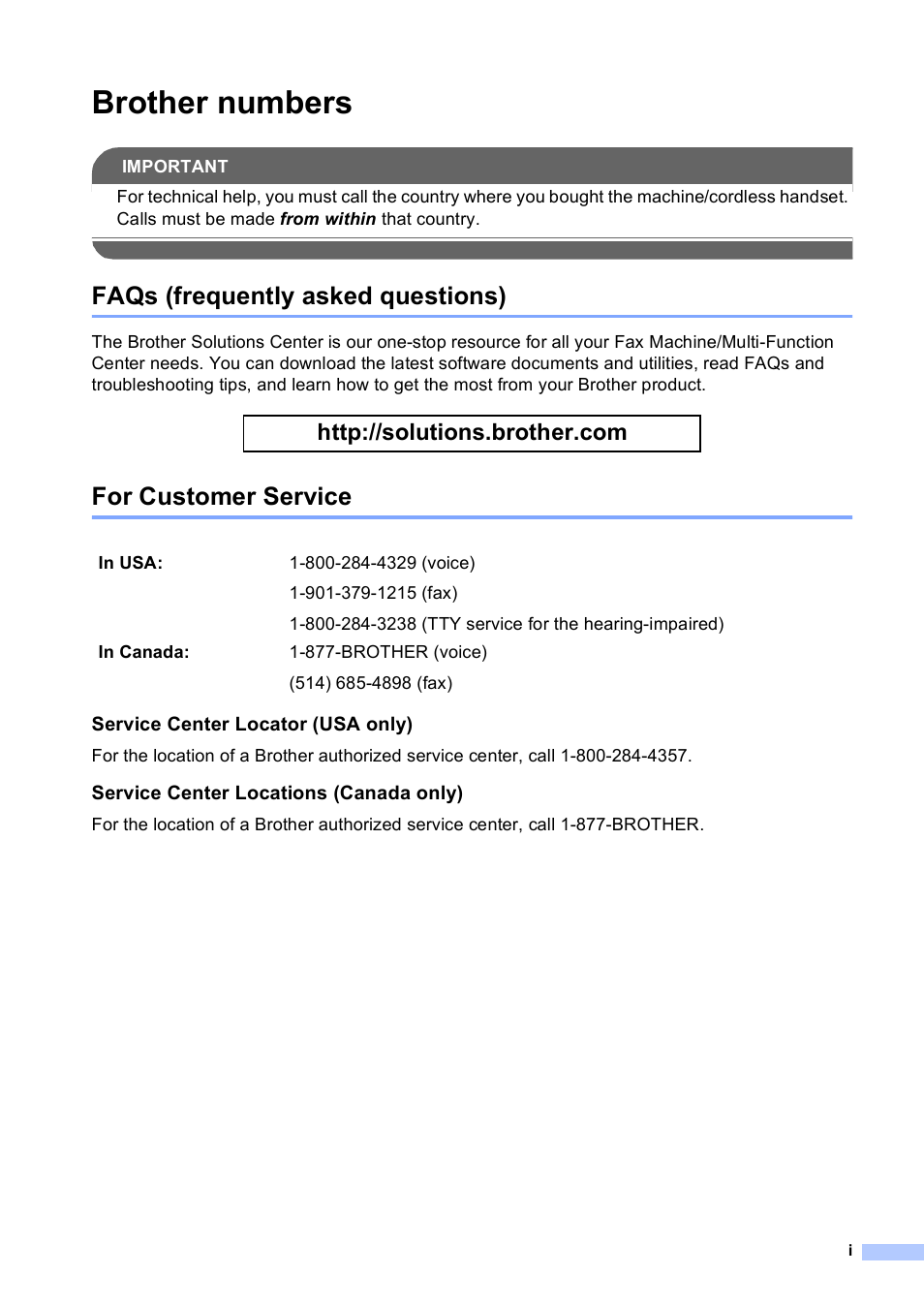 Brother numbers, Faqs (frequently asked questions), For customer service | Service center locator (usa only), Service center locations (canada only) | Brother BCL-D10 User Manual | Page 3 / 43