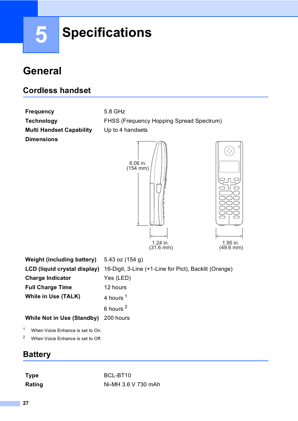 5 specifications, General, Cordless handset | Battery, Specifications, Cordless handset battery | Brother BCL-D10 User Manual | Page 38 / 43