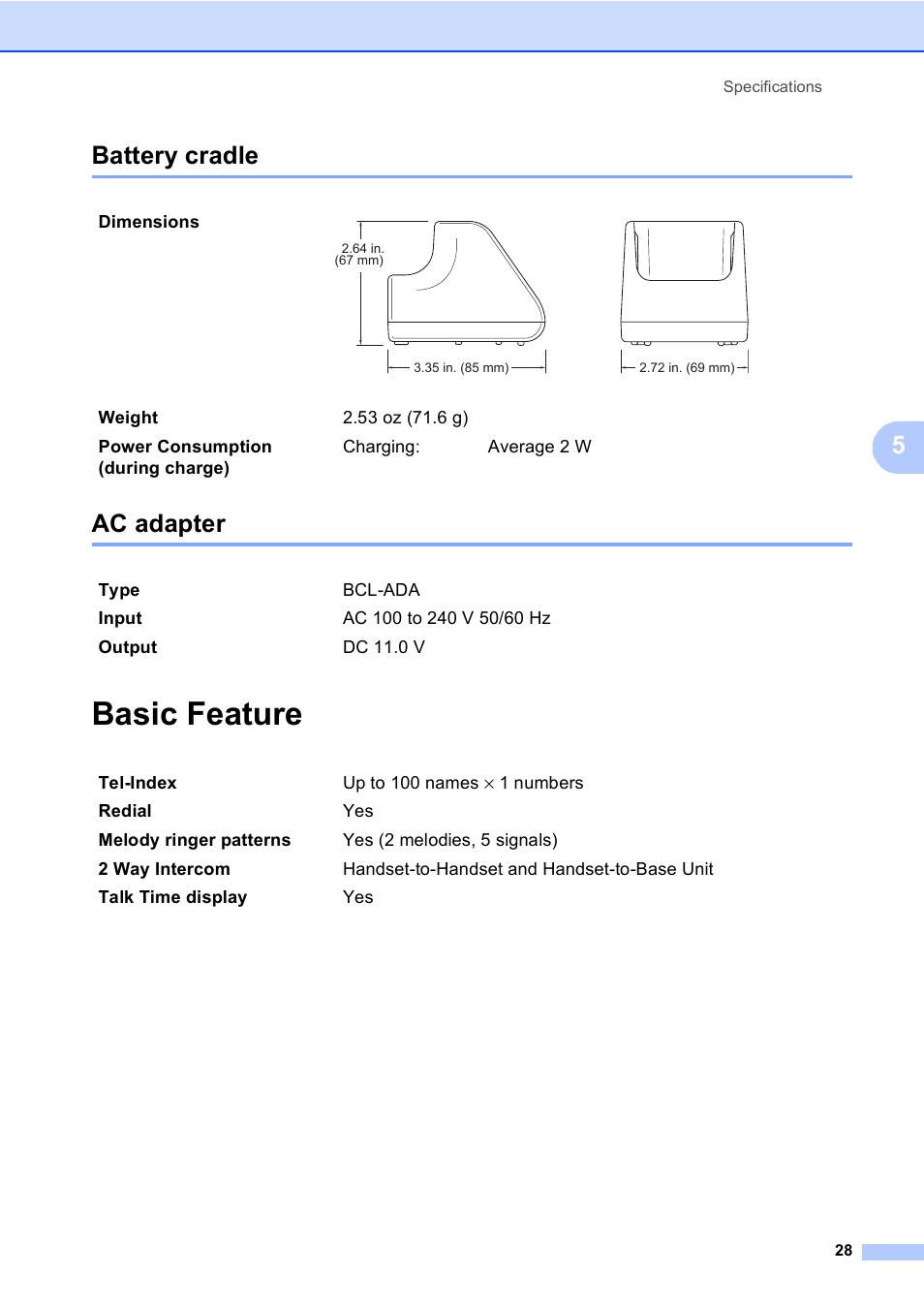 Battery cradle, Ac adapter, Basic feature | Battery cradle ac adapter, 5battery cradle | Brother BCL-D10 User Manual | Page 39 / 43