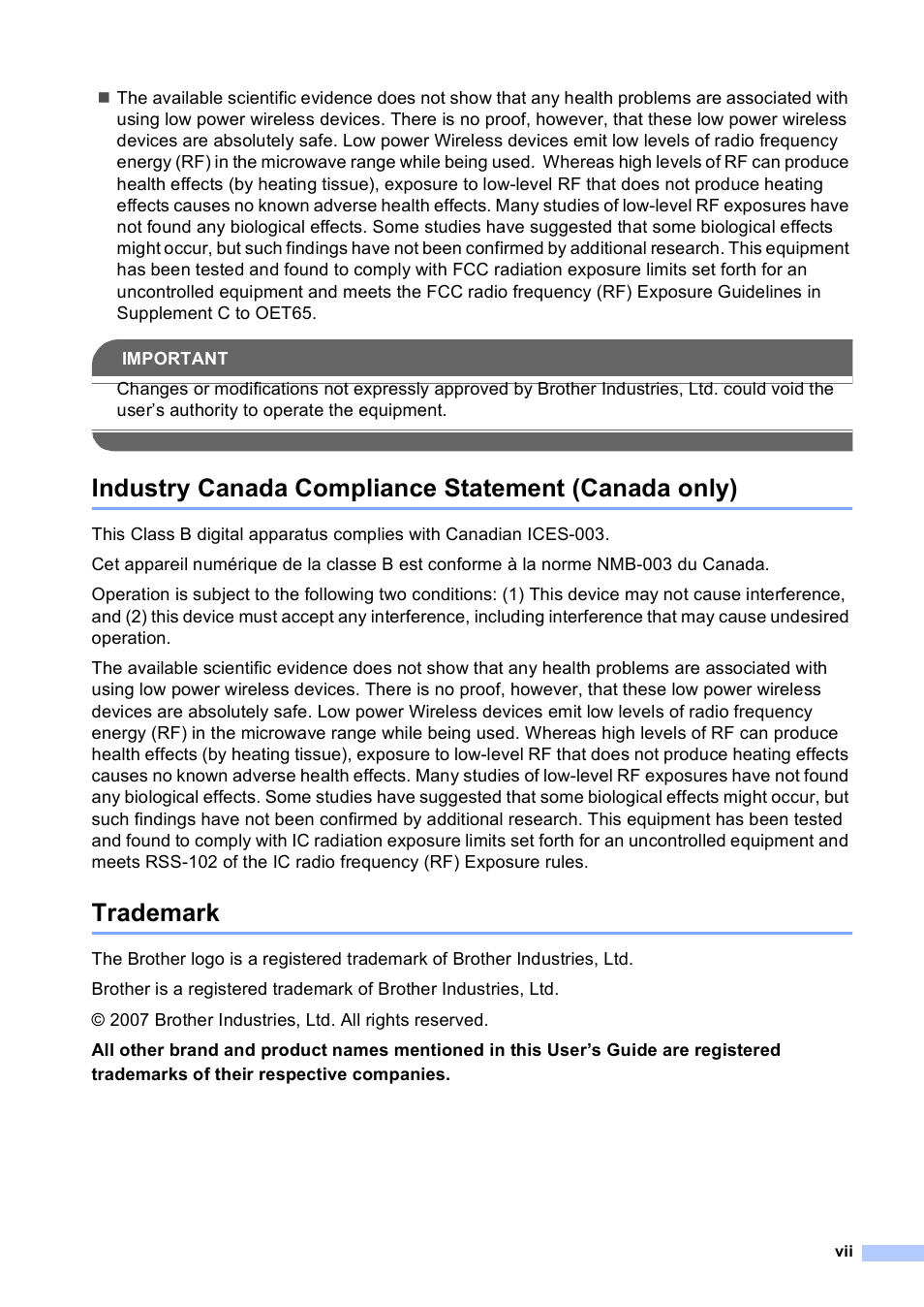 Industry canada compliance statement (canada only), Trademark | Brother BCL-D10 User Manual | Page 9 / 43