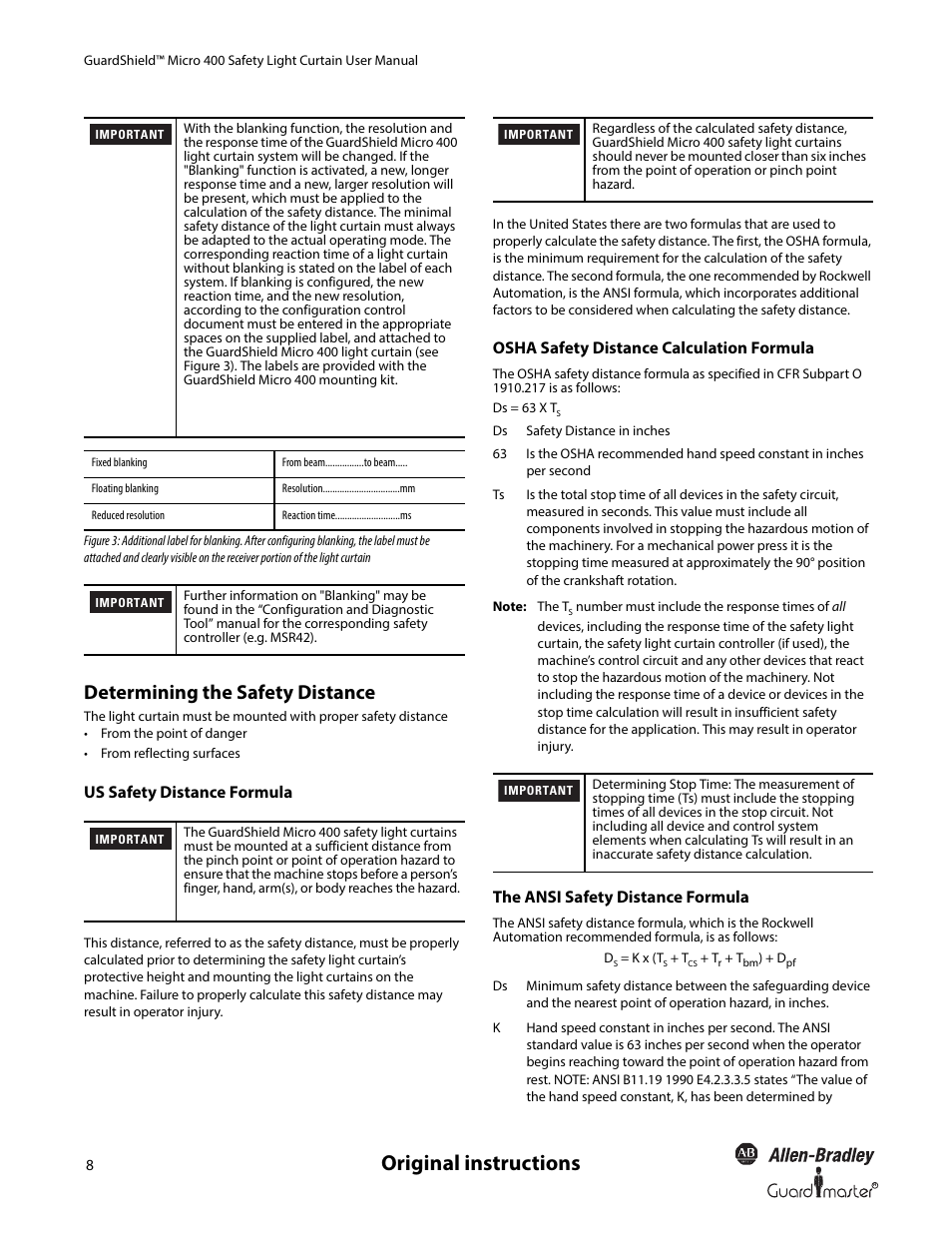 Original instructions, Determining the safety distance, Us safety distance formula | Osha safety distance calculation formula, The ansi safety distance formula | Rockwell Automation 445L GuardShield Micro 400 Safety Light Curtain User Manual User Manual | Page 10 / 40