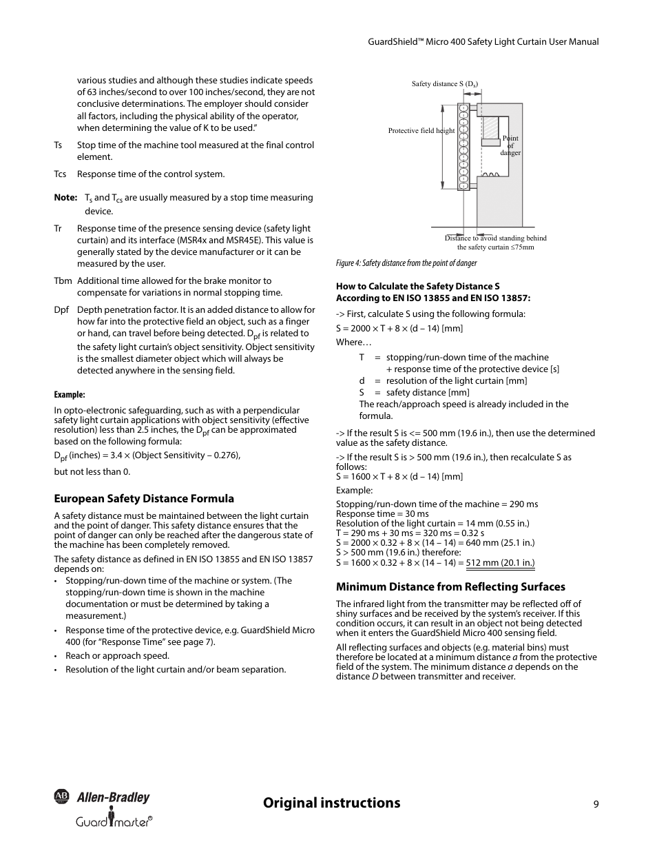 Original instructions, European safety distance formula, Minimum distance from reflecting surfaces | Rockwell Automation 445L GuardShield Micro 400 Safety Light Curtain User Manual User Manual | Page 11 / 40
