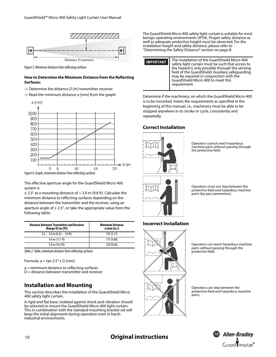 Original instructions, Installation and mounting, Correct installation incorrect installation | Rockwell Automation 445L GuardShield Micro 400 Safety Light Curtain User Manual User Manual | Page 12 / 40