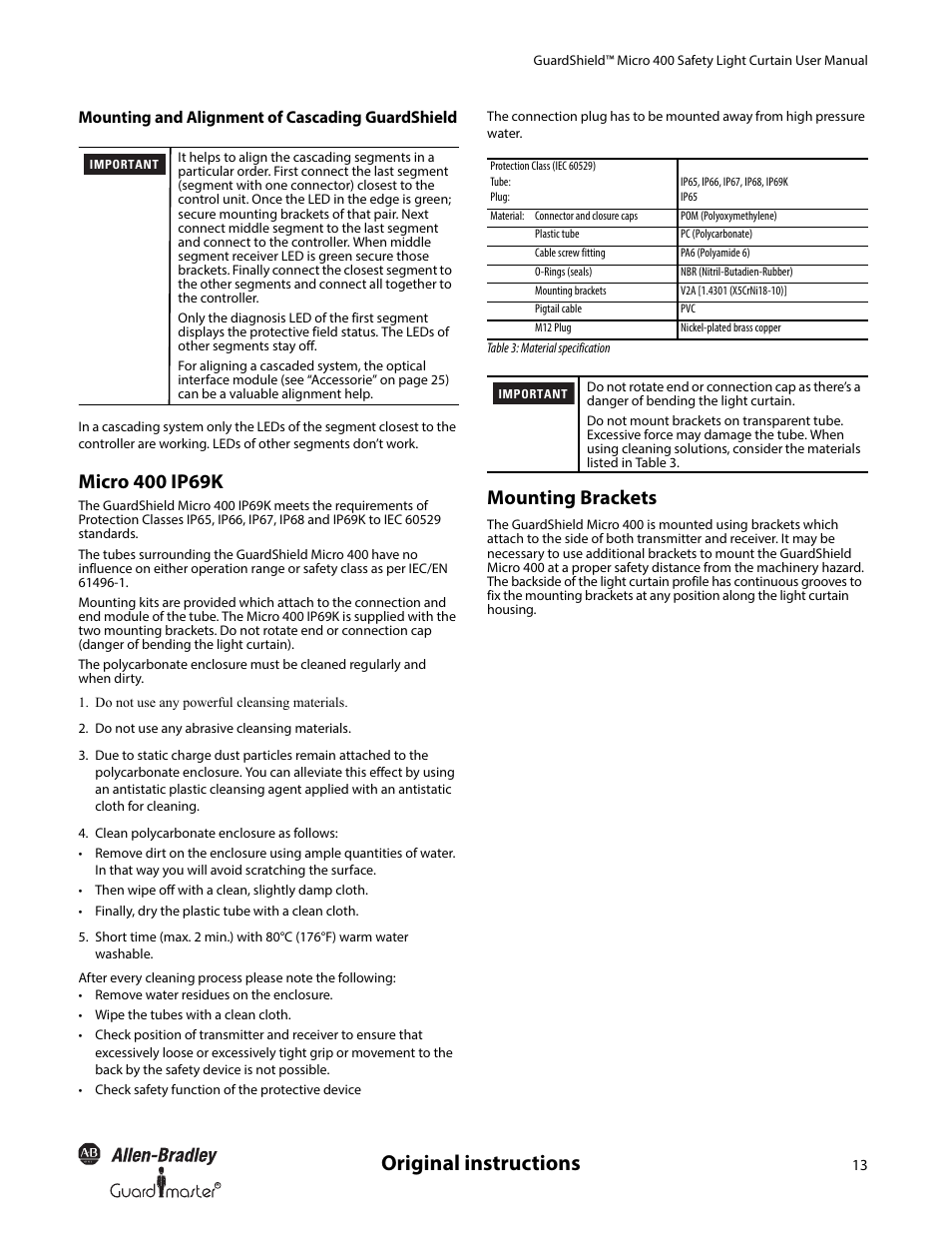 Original instructions, Mounting brackets | Rockwell Automation 445L GuardShield Micro 400 Safety Light Curtain User Manual User Manual | Page 15 / 40