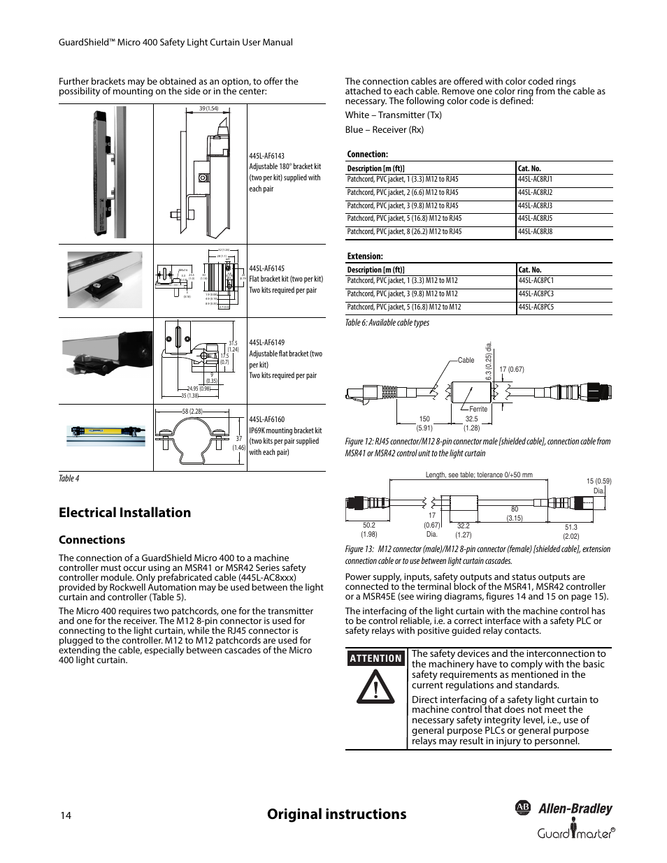 Original instructions, Electrical installation, Connections | Connection, Extension | Rockwell Automation 445L GuardShield Micro 400 Safety Light Curtain User Manual User Manual | Page 16 / 40