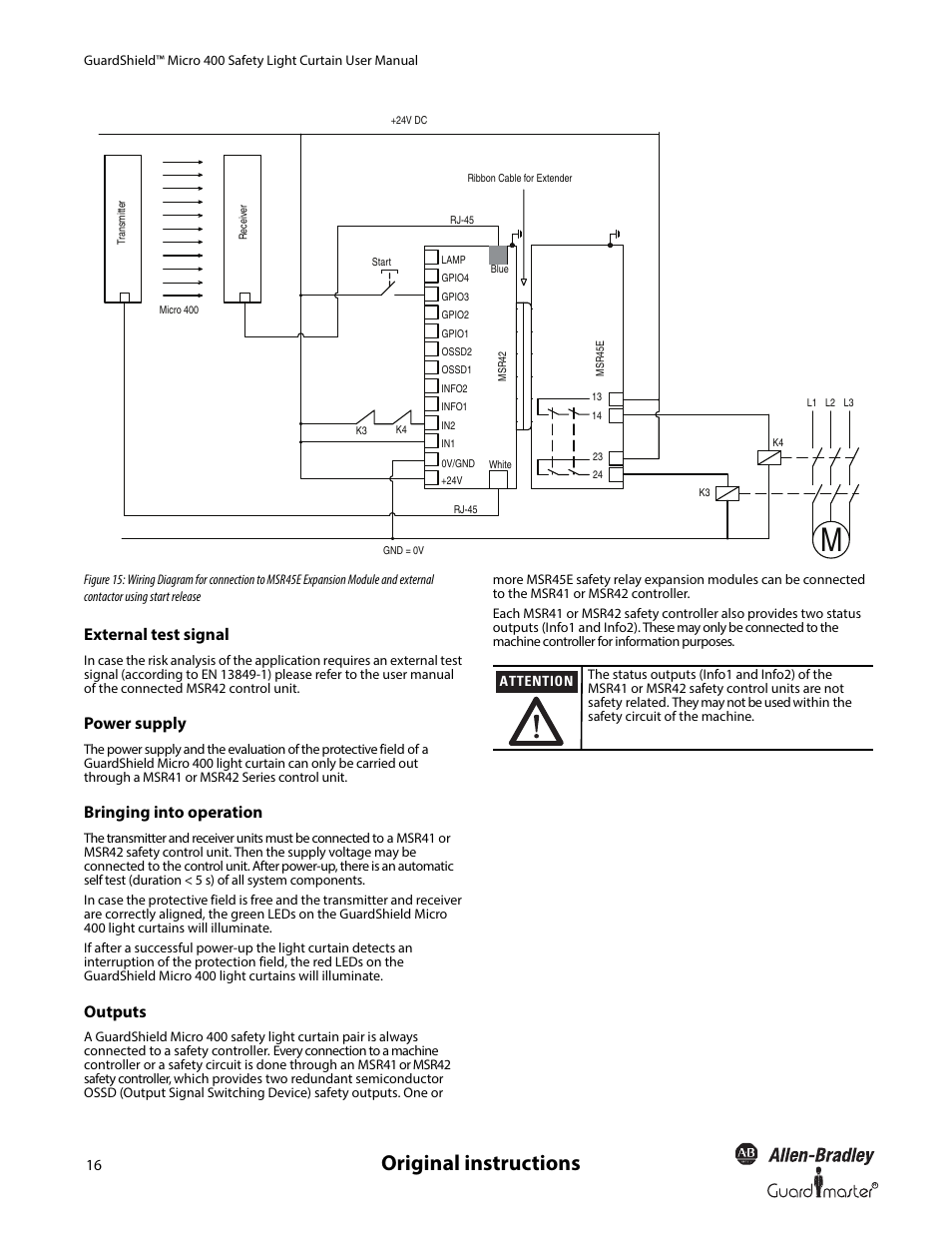 Original instructions, External test signal, Power supply | Bringing into operation, Outputs | Rockwell Automation 445L GuardShield Micro 400 Safety Light Curtain User Manual User Manual | Page 18 / 40