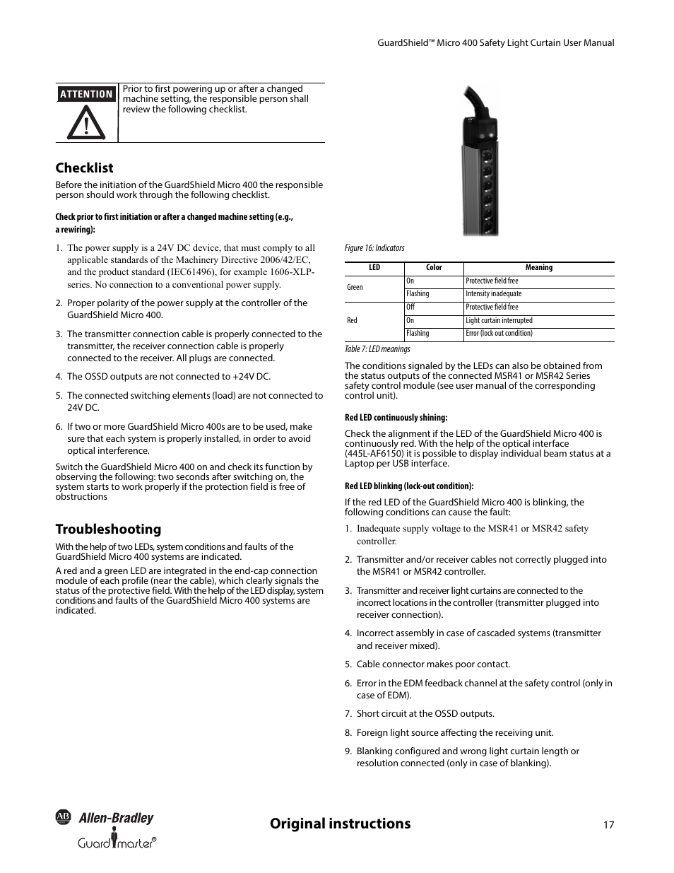 Original instructions, Checklist, Troubleshooting | Rockwell Automation 445L GuardShield Micro 400 Safety Light Curtain User Manual User Manual | Page 19 / 40