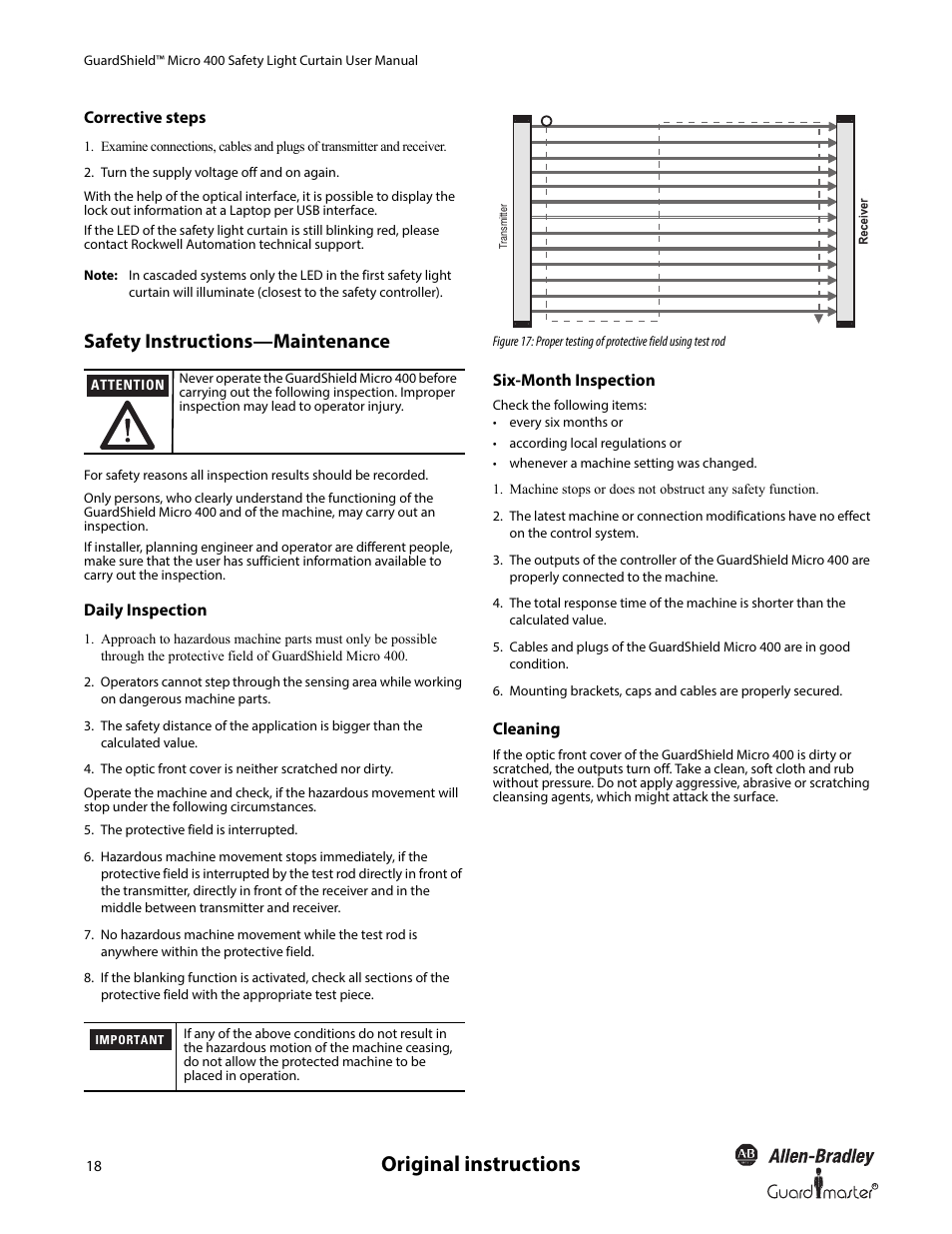 Original instructions, Safety instructions—maintenance | Rockwell Automation 445L GuardShield Micro 400 Safety Light Curtain User Manual User Manual | Page 20 / 40