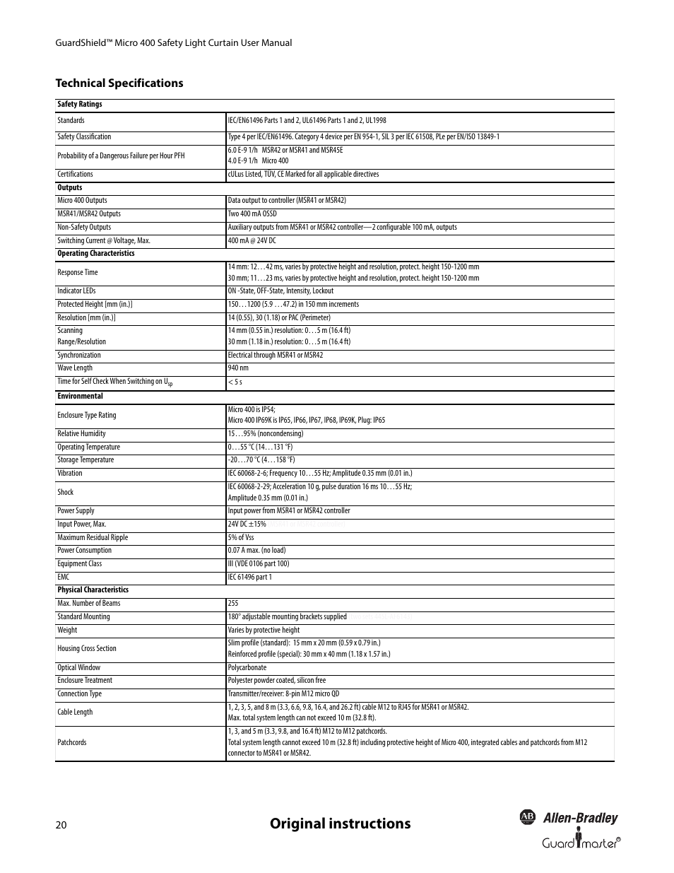 Original instructions, Technical specifications | Rockwell Automation 445L GuardShield Micro 400 Safety Light Curtain User Manual User Manual | Page 22 / 40