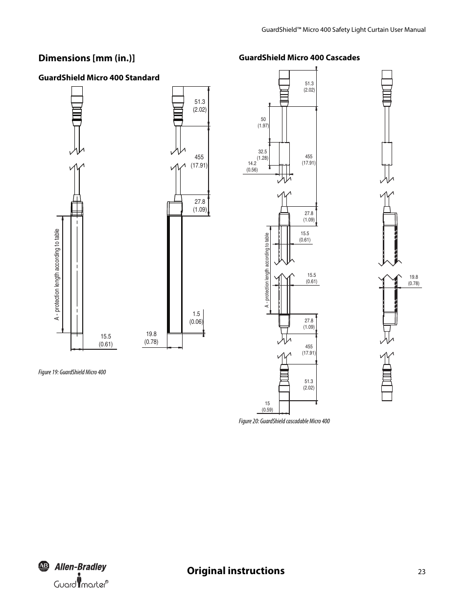 Original instructions, Dimensions [mm (in.), Guardshield micro 400 standard | Guardshield micro 400 cascades | Rockwell Automation 445L GuardShield Micro 400 Safety Light Curtain User Manual User Manual | Page 25 / 40