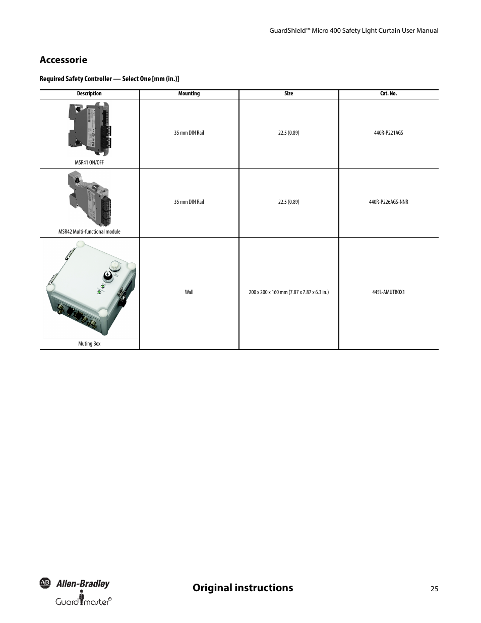 Original instructions, Accessorie | Rockwell Automation 445L GuardShield Micro 400 Safety Light Curtain User Manual User Manual | Page 27 / 40