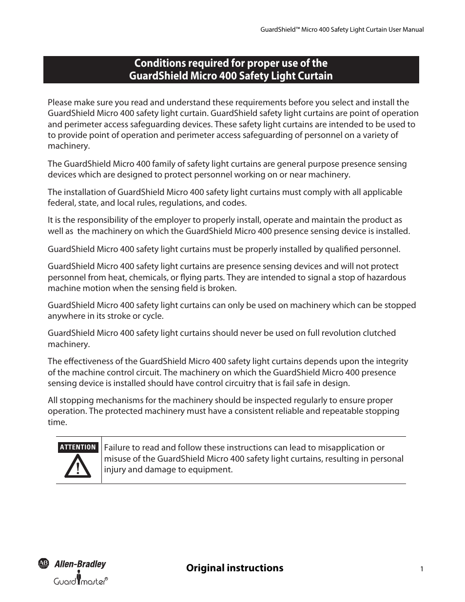 Original instructions | Rockwell Automation 445L GuardShield Micro 400 Safety Light Curtain User Manual User Manual | Page 3 / 40
