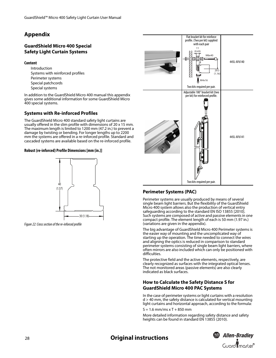 Original instructions, Appendix, Systems with re-inforced profiles | Perimeter systems (pac) | Rockwell Automation 445L GuardShield Micro 400 Safety Light Curtain User Manual User Manual | Page 30 / 40