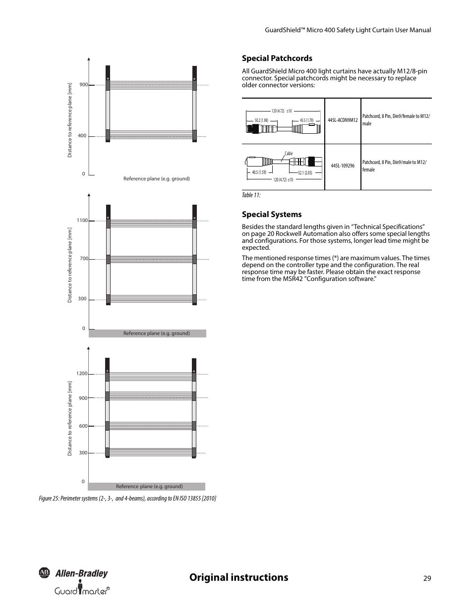 Original instructions, Special patchcords, Special systems | Rockwell Automation 445L GuardShield Micro 400 Safety Light Curtain User Manual User Manual | Page 31 / 40