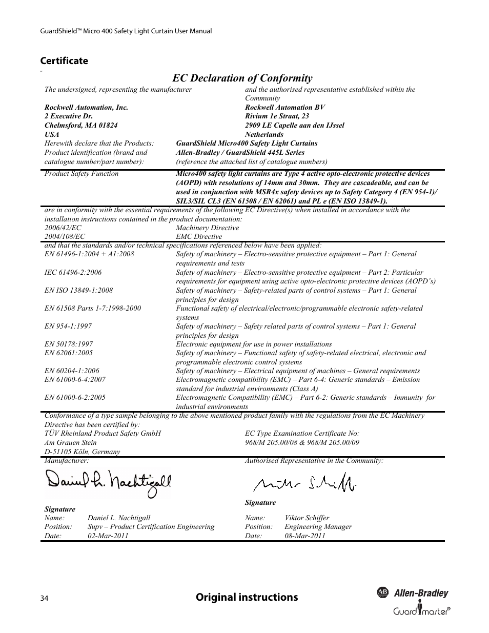 Original instructions, Ec declaration of conformity, Certificate | Rockwell Automation 445L GuardShield Micro 400 Safety Light Curtain User Manual User Manual | Page 36 / 40