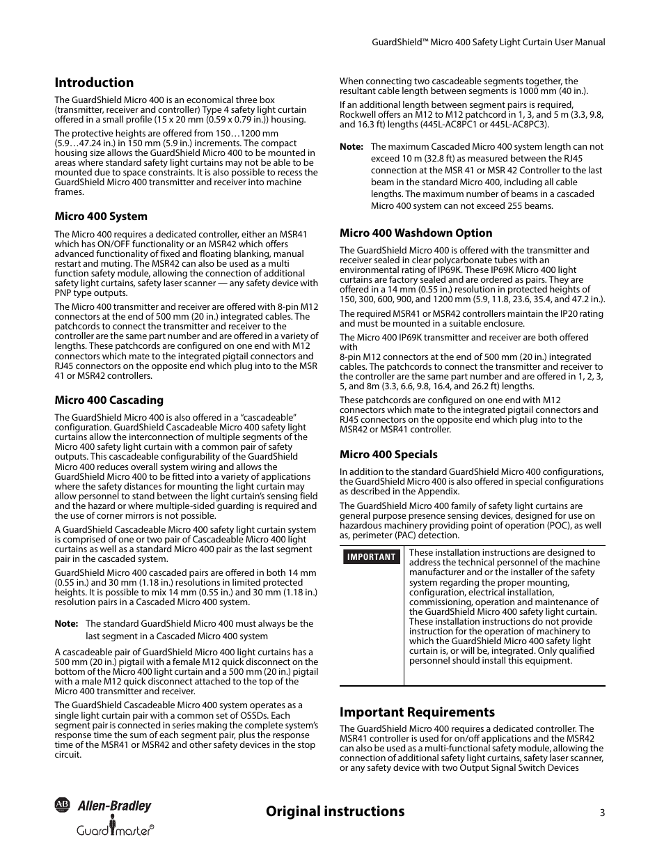 Original instructions, Introduction, Important requirements | Rockwell Automation 445L GuardShield Micro 400 Safety Light Curtain User Manual User Manual | Page 5 / 40
