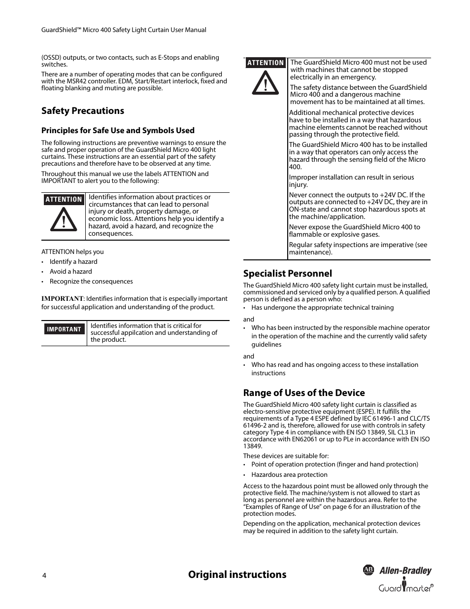 Original instructions, Safety precautions, Specialist personnel | Range of uses of the device | Rockwell Automation 445L GuardShield Micro 400 Safety Light Curtain User Manual User Manual | Page 6 / 40