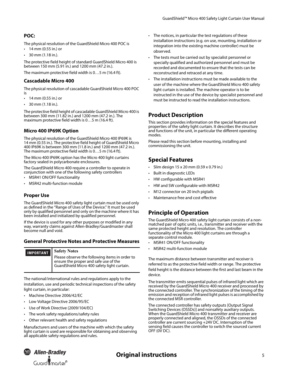 Original instructions, Product description, Special features | Principle of operation | Rockwell Automation 445L GuardShield Micro 400 Safety Light Curtain User Manual User Manual | Page 7 / 40