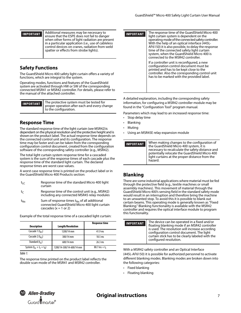 Original instructions, Safety functions, Response time | Blanking | Rockwell Automation 445L GuardShield Micro 400 Safety Light Curtain User Manual User Manual | Page 9 / 40