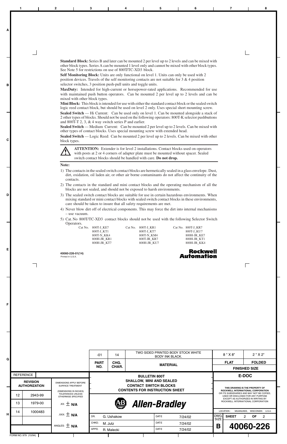 Rockwell Automation 800T_TC Shallow, Mini and Sealed Contact Switch Blocks User Manual | Page 2 / 2