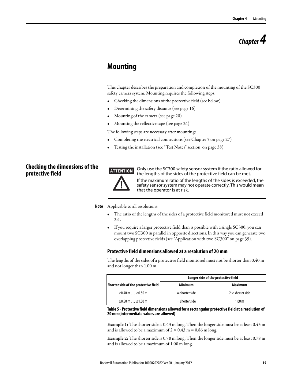 Mounting, Chapter, Checking the dimensions of the protective field | Rockwell Automation 442L SC300 Safety Sensor User Manual User Manual | Page 17 / 60