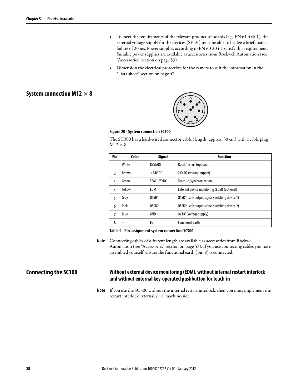 System connection m12 × 8, Connecting the sc300 | Rockwell Automation 442L SC300 Safety Sensor User Manual User Manual | Page 30 / 60