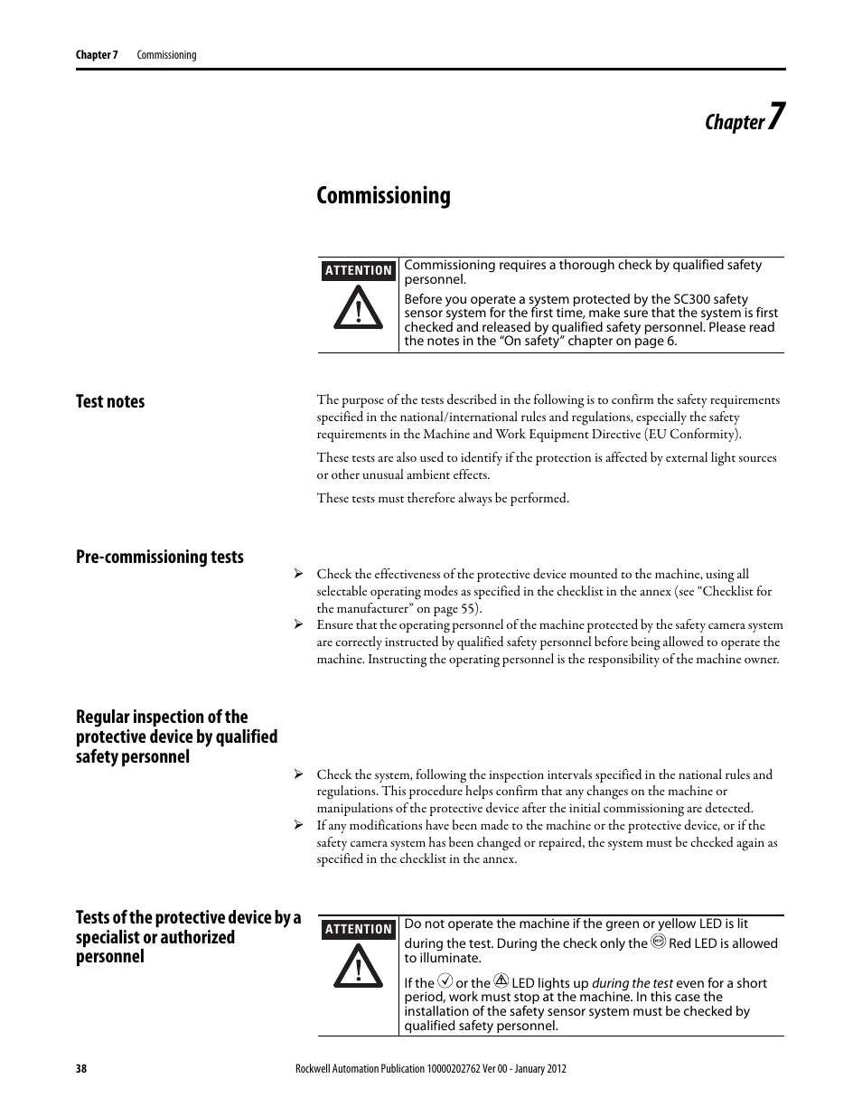 Commissioning, Chapter, Pre-commissioning tests | Rockwell Automation 442L SC300 Safety Sensor User Manual User Manual | Page 40 / 60