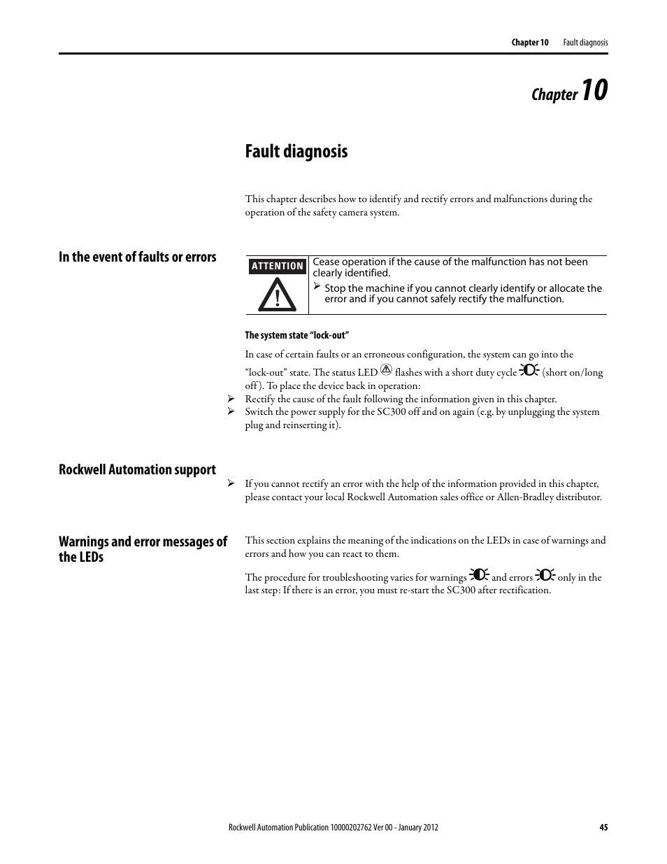 Fault diagnosis, Chapter, Rockwell automation support | Warnings and error messages of the leds | Rockwell Automation 442L SC300 Safety Sensor User Manual User Manual | Page 47 / 60