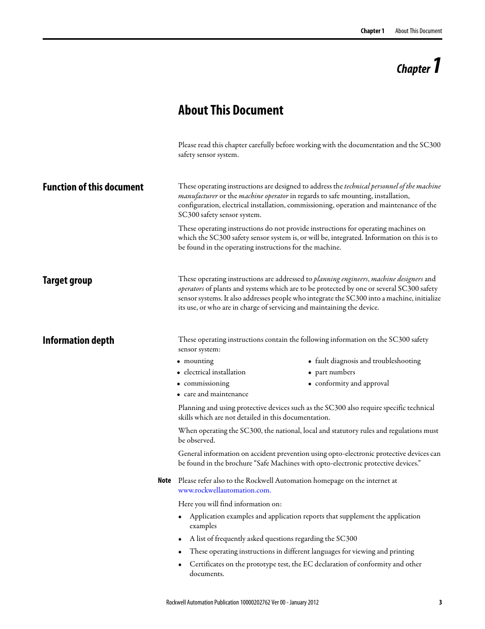 About this document, Chapter, Function of this document | Target group, Information depth | Rockwell Automation 442L SC300 Safety Sensor User Manual User Manual | Page 5 / 60