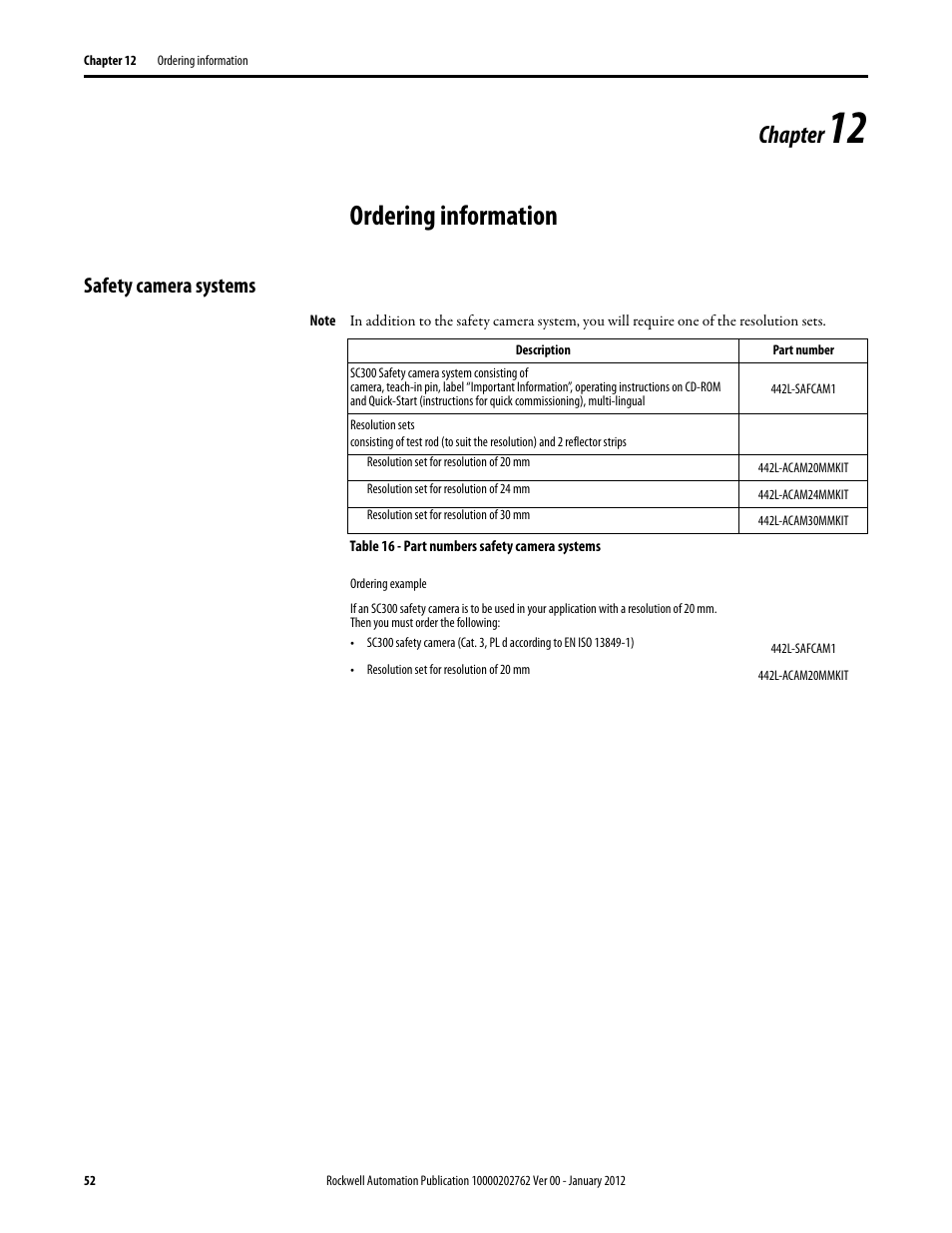 Ordering information, Chapter, Safety camera systems | Rockwell Automation 442L SC300 Safety Sensor User Manual User Manual | Page 54 / 60