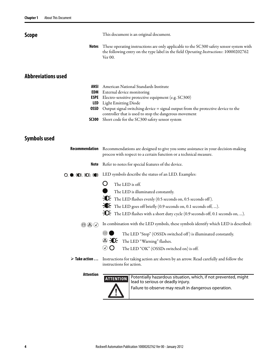 Scope, Abbreviations used, Symbols used | Rockwell Automation 442L SC300 Safety Sensor User Manual User Manual | Page 6 / 60