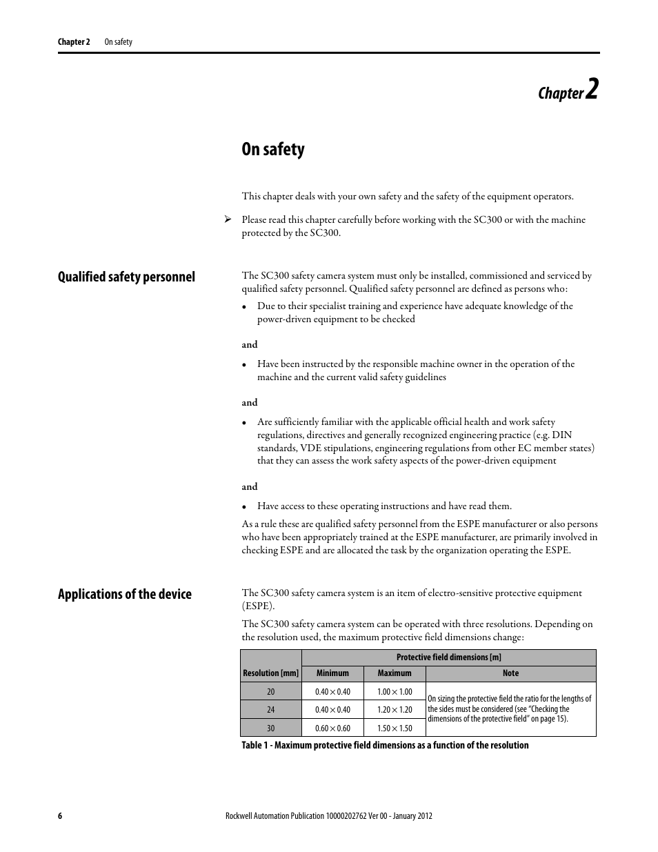 On safety, Chapter, Qualified safety personnel | Applications of the device | Rockwell Automation 442L SC300 Safety Sensor User Manual User Manual | Page 8 / 60