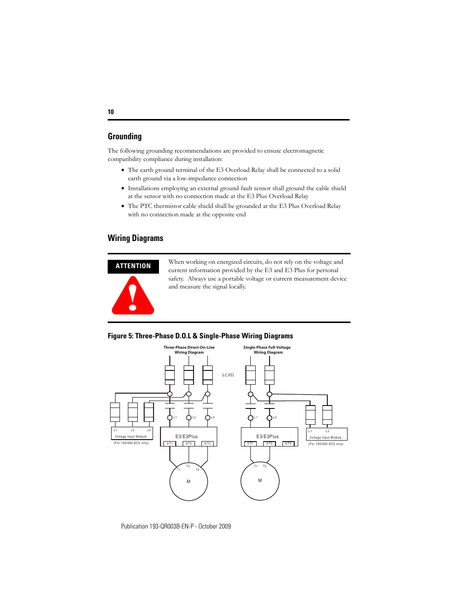 Grounding, Wiring diagrams, Attention | Rockwell Automation 193/592-EC1/EC3/EC5 E3 and E3 Plus Solid-State Overload Relay - Quick Reference User Manual | Page 10 / 34