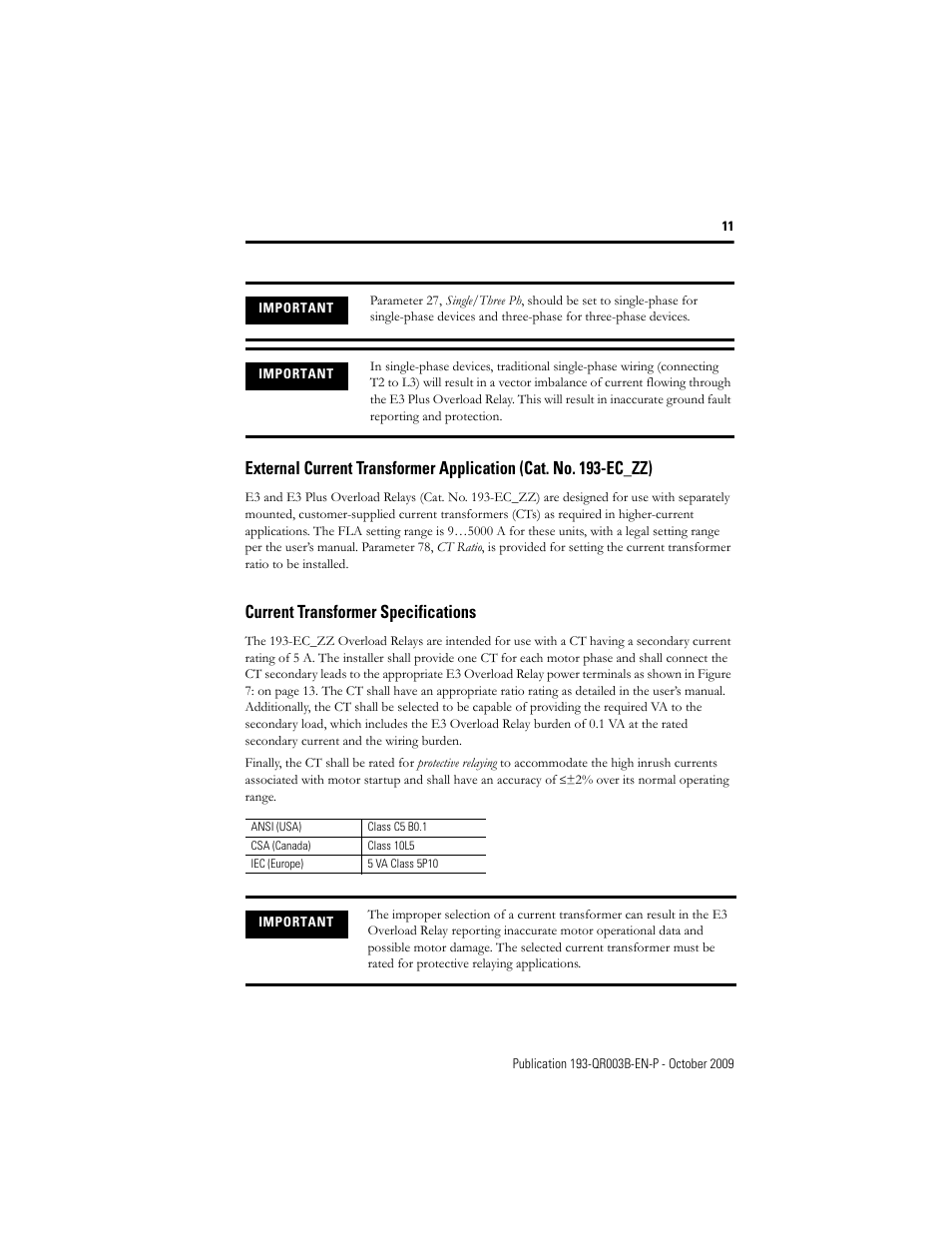 Current transformer specifications | Rockwell Automation 193/592-EC1/EC3/EC5 E3 and E3 Plus Solid-State Overload Relay - Quick Reference User Manual | Page 11 / 34