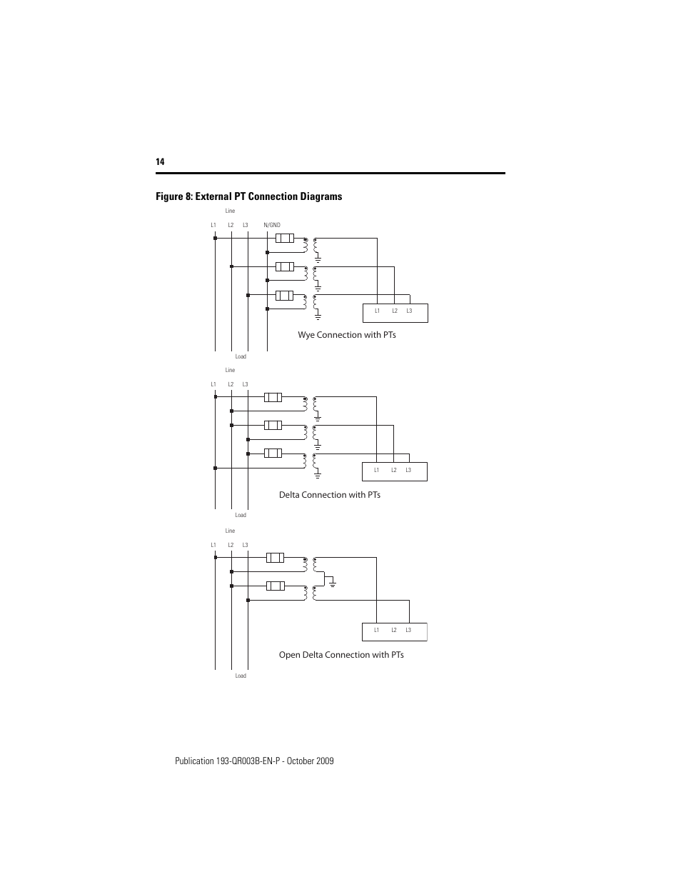 Figure 8: external pt connection diagrams, Wye connection with pts | Rockwell Automation 193/592-EC1/EC3/EC5 E3 and E3 Plus Solid-State Overload Relay - Quick Reference User Manual | Page 14 / 34