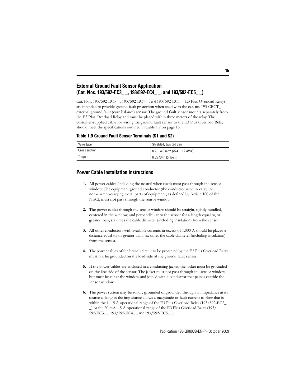 Power cable installation instructions | Rockwell Automation 193/592-EC1/EC3/EC5 E3 and E3 Plus Solid-State Overload Relay - Quick Reference User Manual | Page 15 / 34