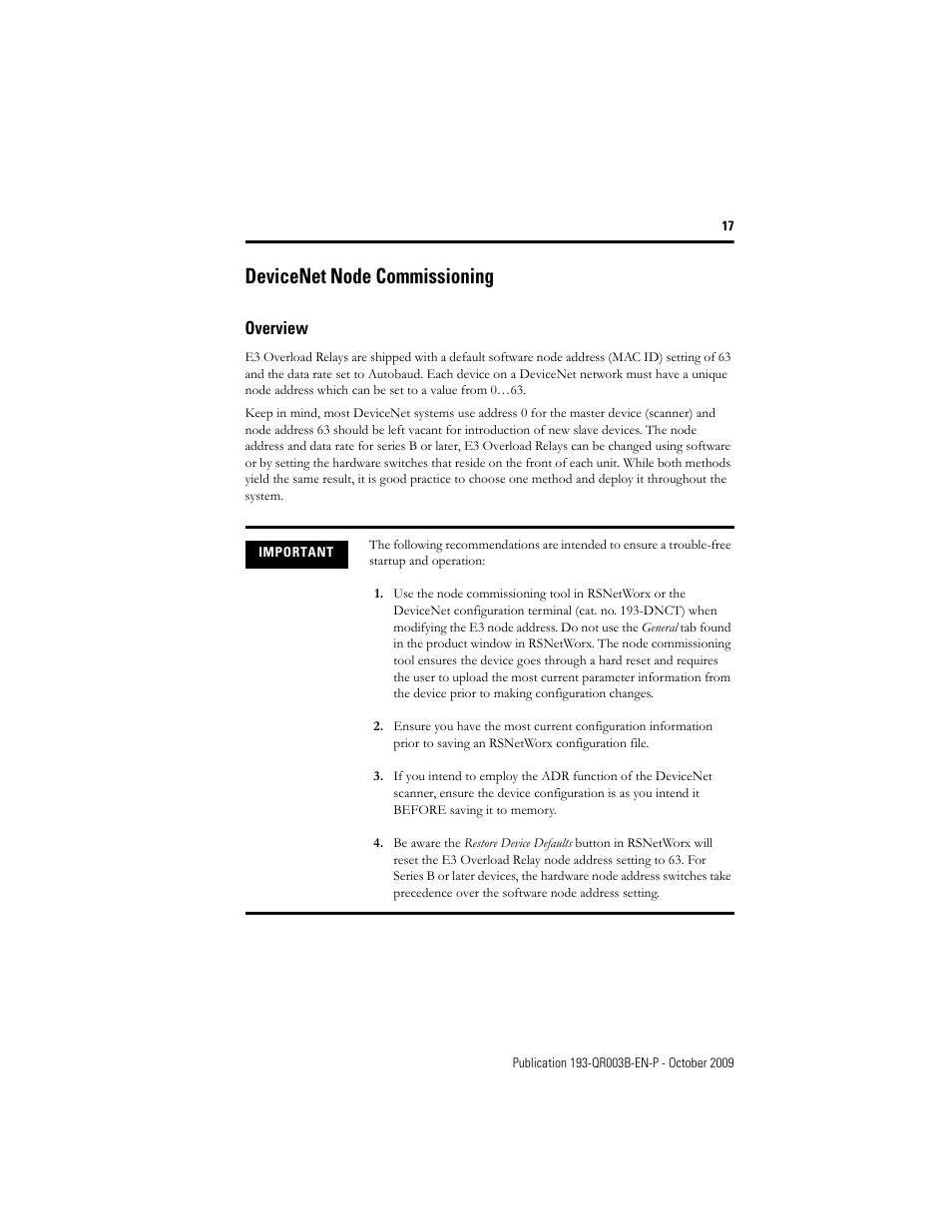 Devicenet node commissioning, Overview | Rockwell Automation 193/592-EC1/EC3/EC5 E3 and E3 Plus Solid-State Overload Relay - Quick Reference User Manual | Page 17 / 34